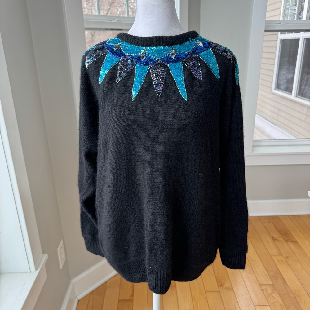 Vintage 80s Diana Marco Black Blue Green Sequin Silk Angora Sweater Size Large